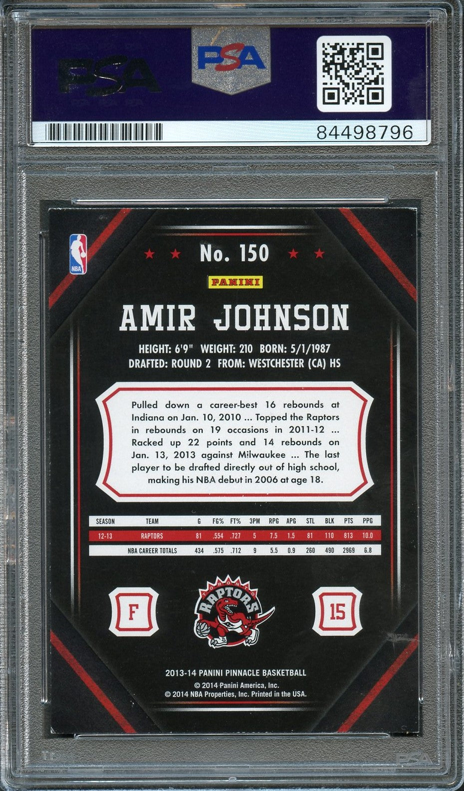 2013-14 Panini Pinnacle #150 Amir Johnson Signed Card AUTO PSA Slabbed Raptors
