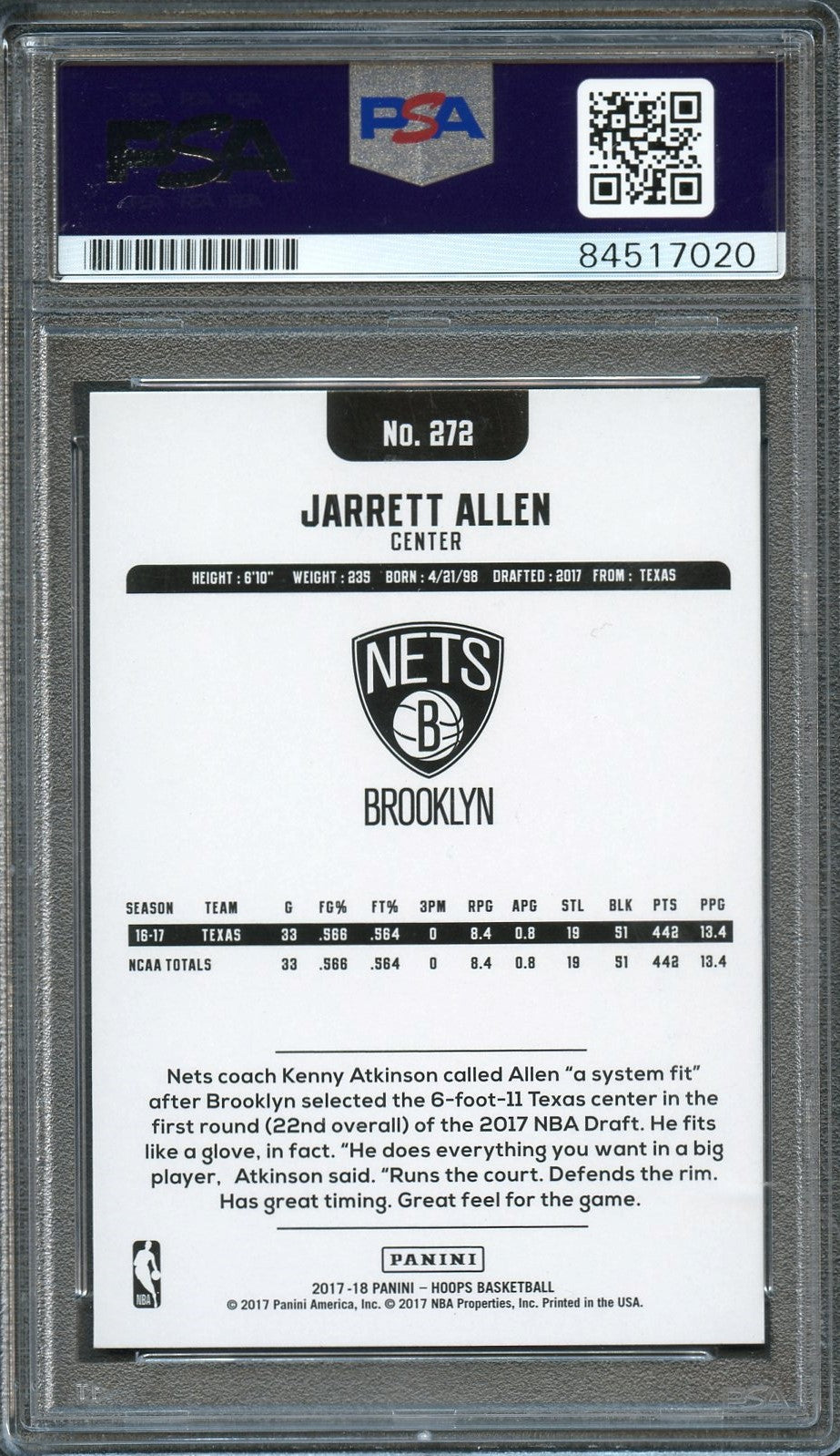 2017-18 NBA Hoops #272 Jarrett Allen Signed Card AUTO 10 PSA Slabbed RC Nets