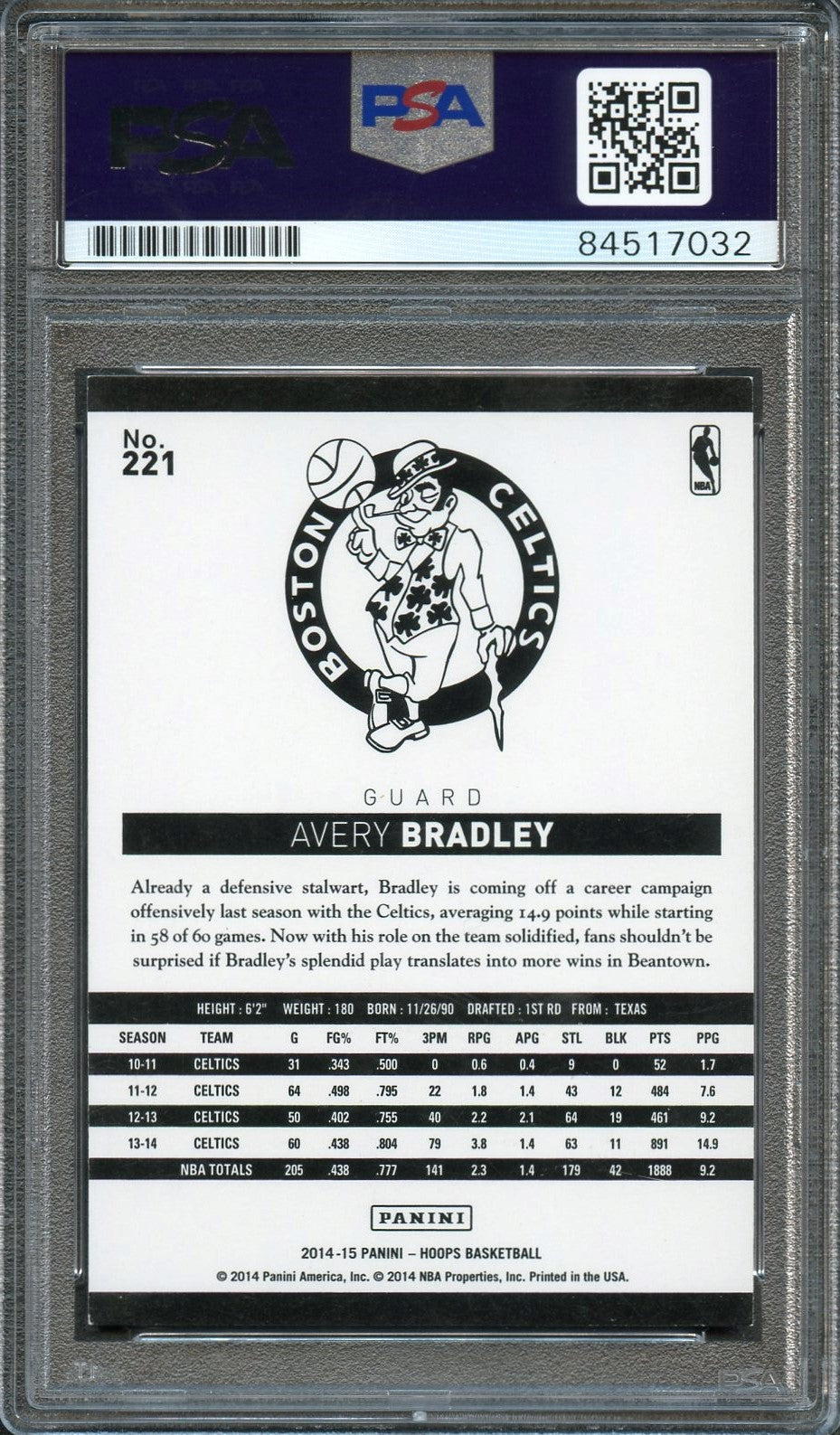 2014-15 NBA Hoops #221 Avery Bradley Signed Card AUTO 10 PSA/DNA Slabbed Celtics