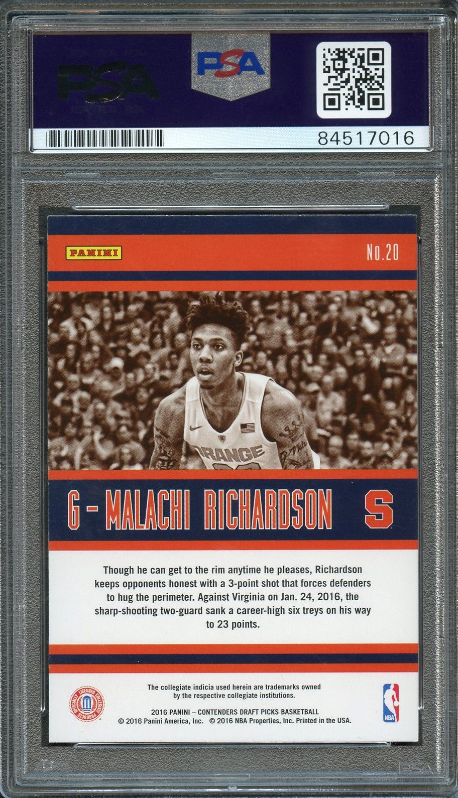 2016-17 Contenders Draft Picks School Colors #20 Malachi Richardson Signed Card AUTO 10 PSA Slabbed Syracuse