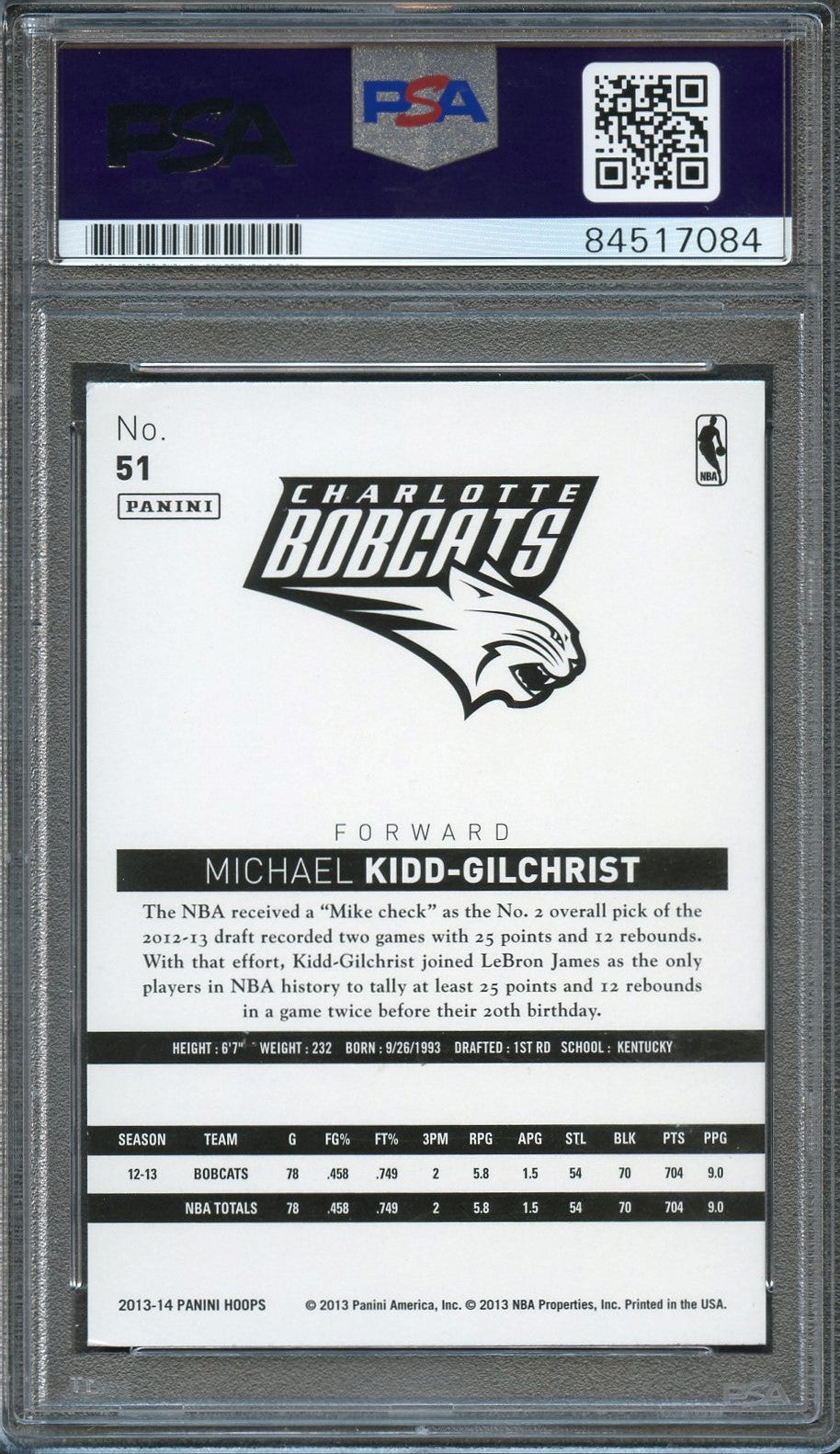 2013-14 NBA Hoops #51 Michael Kidd-Gilchrist Signed Card AUTO 10 PSA Slabbed Bobcats