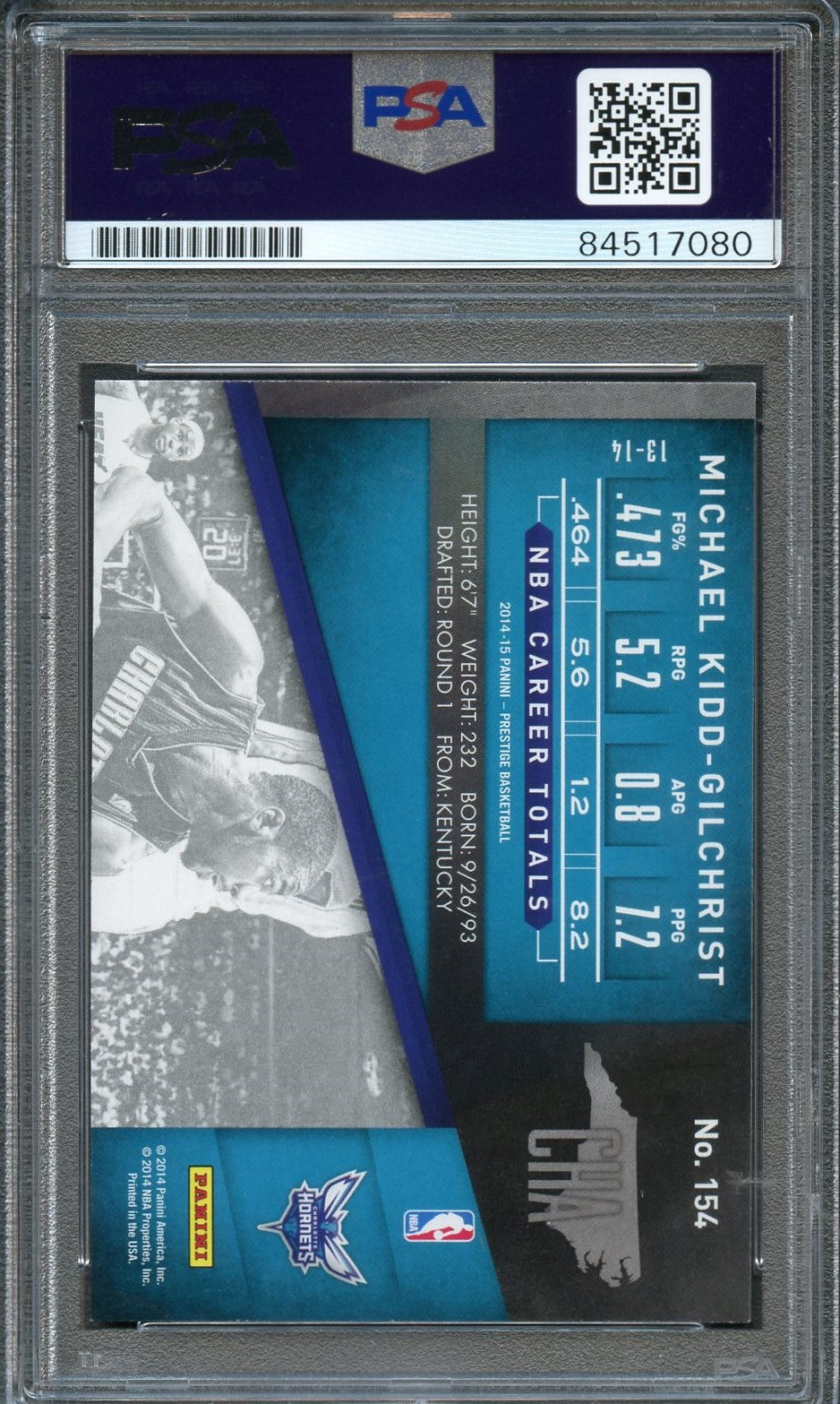 2014-15 Panini Prestige #154 Michael Kidd-Gilchrist Signed Card AUTO 10 PSA Slabbed Bobcats