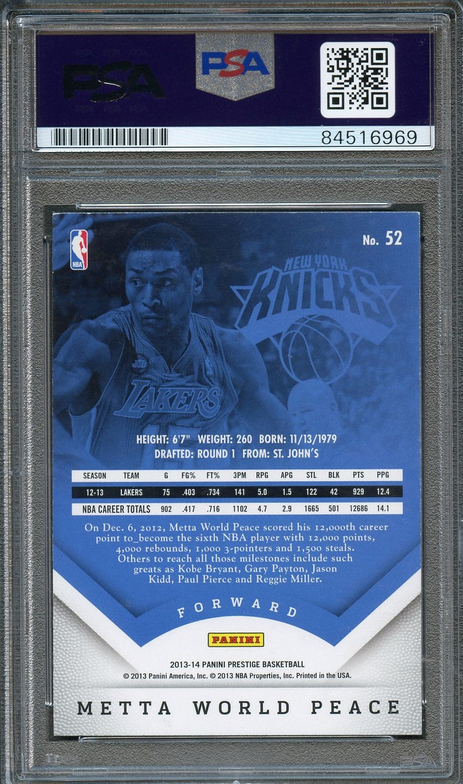2013-14 Panini Prestige #52 Metta World Peace Signed Card AUTO 10 PSA Slabbed Knicks