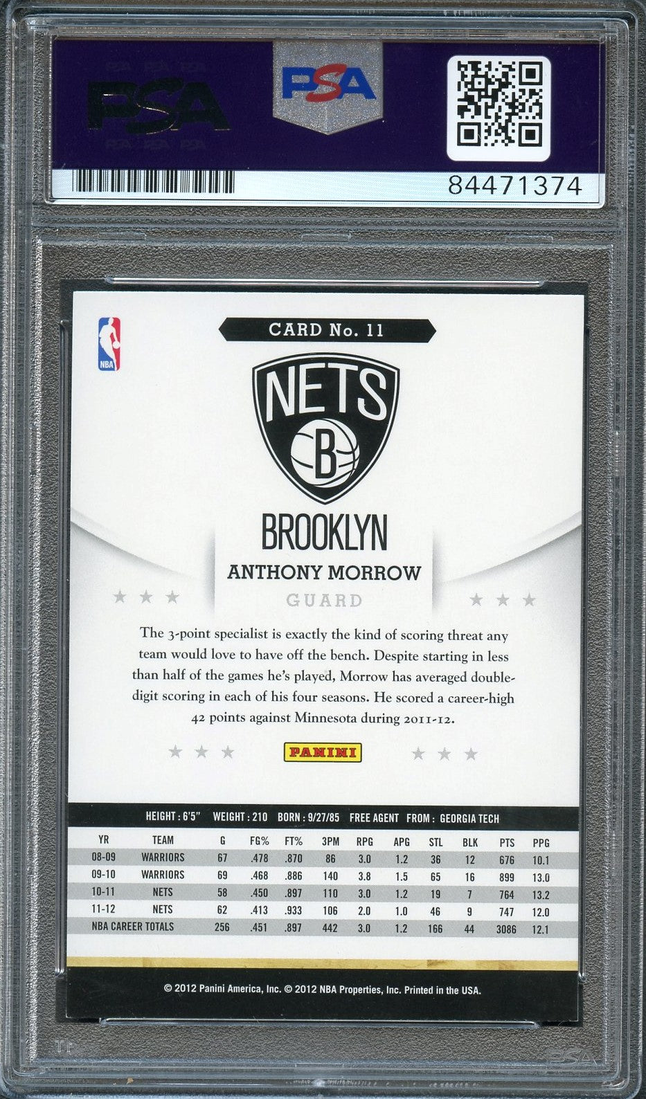 2012-13 NBA Hoops #11 Anthony Morrow Signed Card AUTO 10 PSA Slabbed Nets