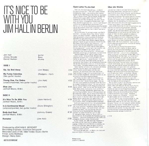 Jim Hall - It's Nice To Be With You (Jim Hall In Berlin) (VINYL) | Mint (M) Mint (M)