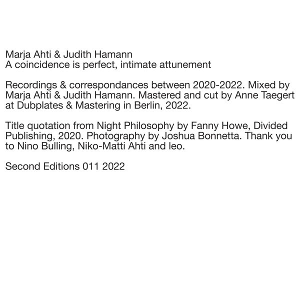 MARJA AHTI & JUDITH HAMANN - A coincidence is perfect, intimate attunement Vinyl Record