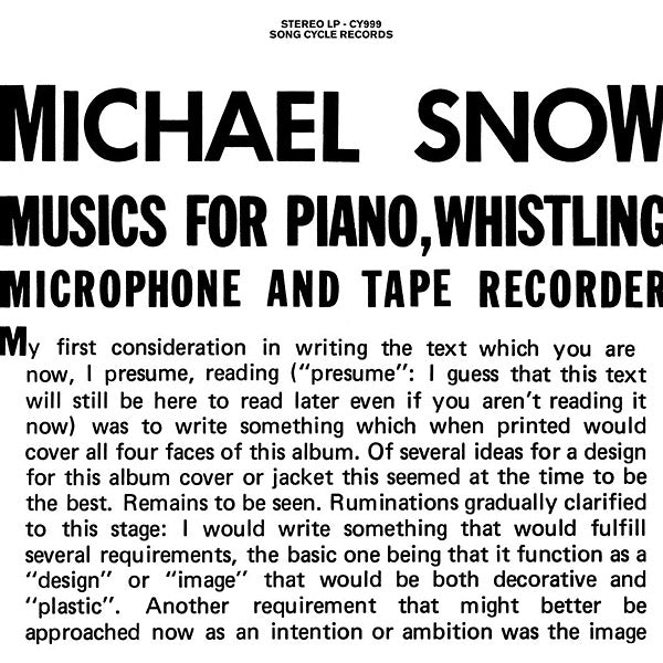 MICHAEL SNOW - Musics For Piano, Whistling, Microphone And Tape Recorder Vinyl Record