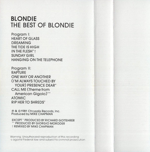 Blondie - The Best Of Blondie (CASSETTE) | Very Good Plus (VG+) Near Mint (NM)