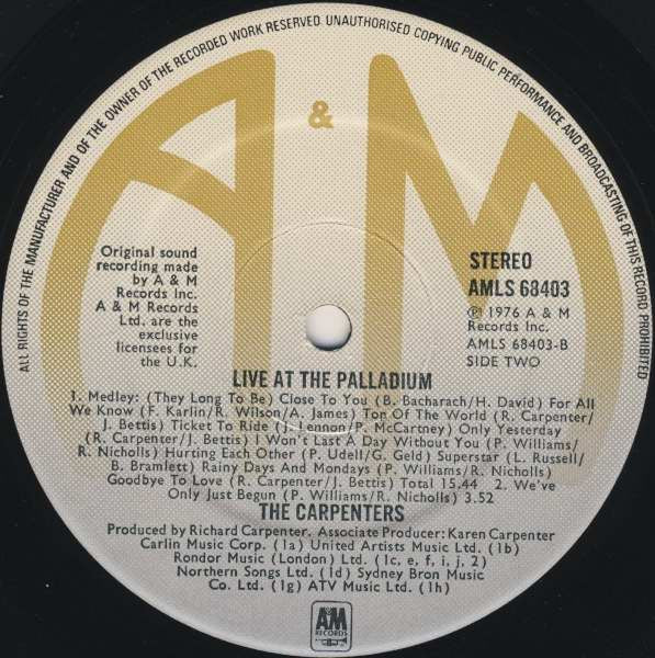Carpenters - Live At The Palladium *UK - IMPORT* | Excellent (EX) Near Mint (NM)