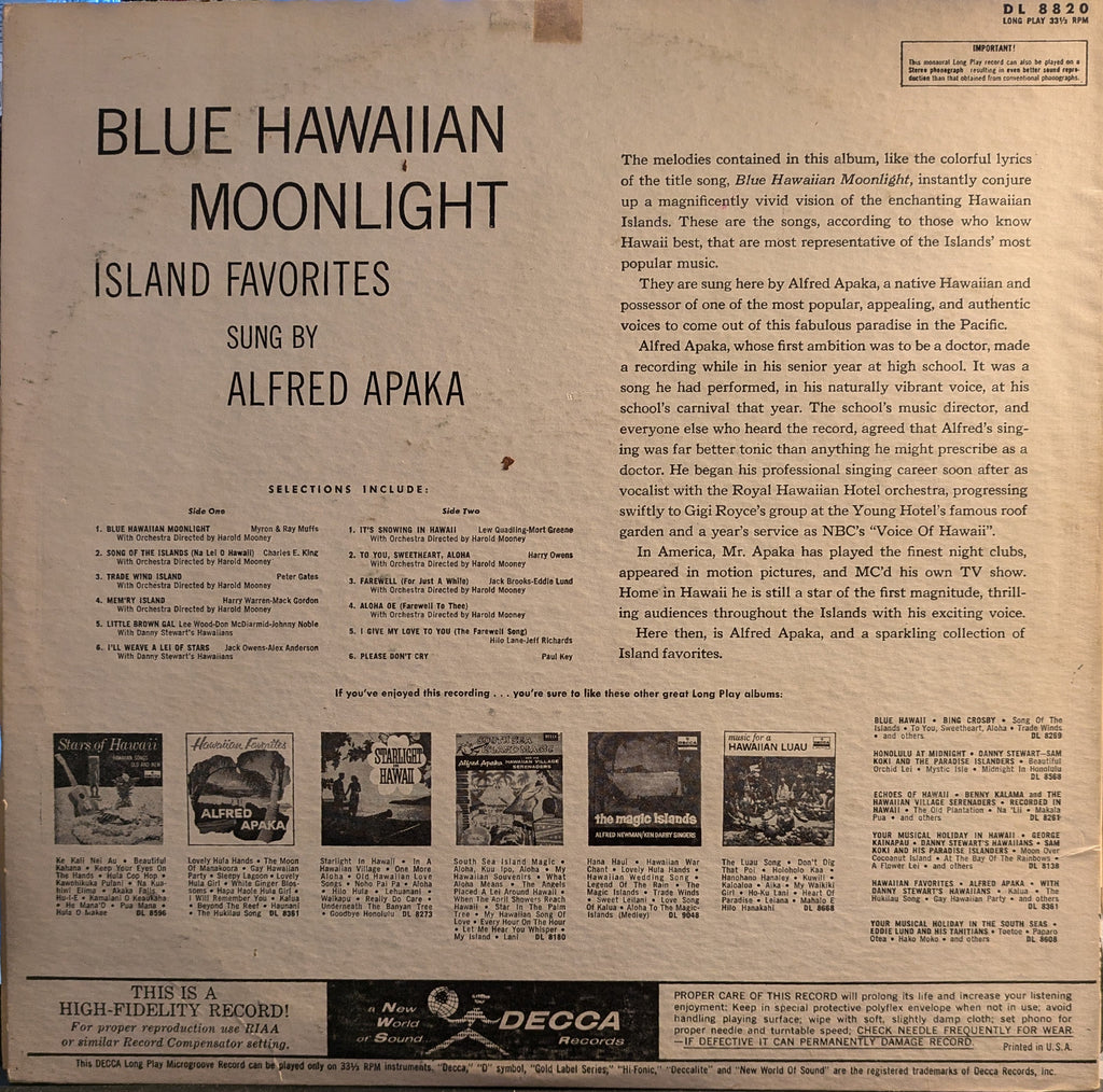 Alfred Apaka - Blue Hawaiian Moonlight Island Favorites | Very Good Plus (VG+) Excellent (EX)