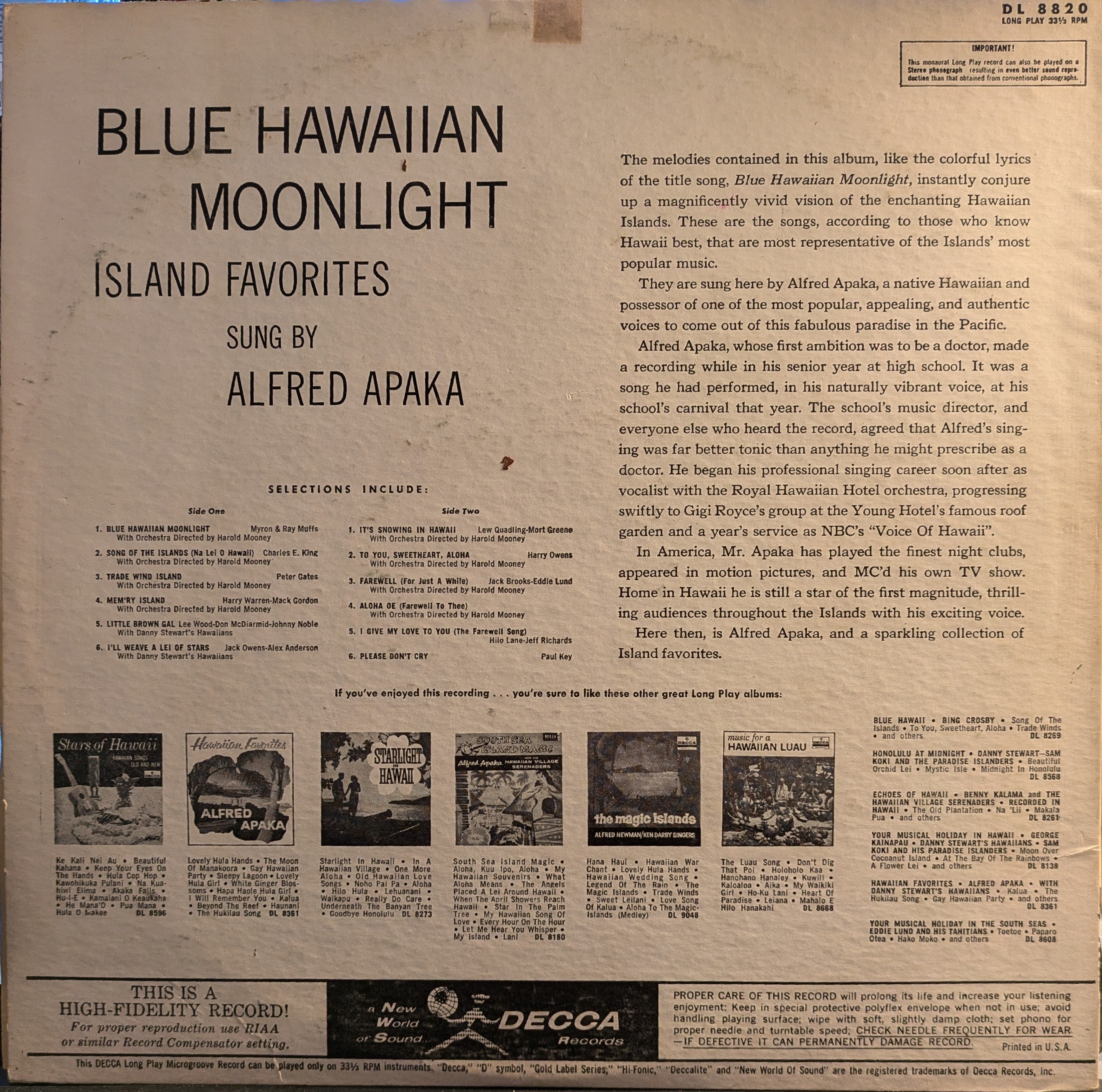 Alfred Apaka - Blue Hawaiian Moonlight Island Favorites | Very Good Plus (VG+) Excellent (EX)